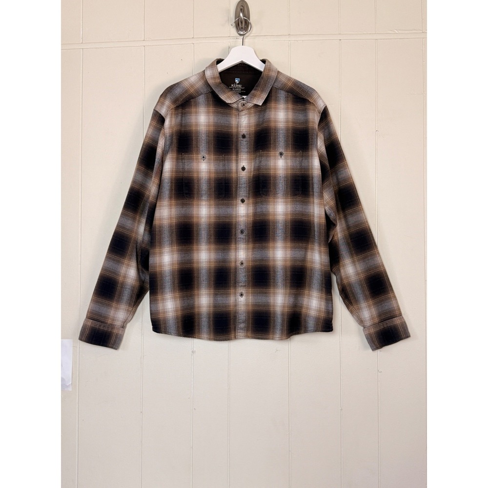 Kuhl The Law Flannel Mens Plaid Shirt Brown Long Sleeve Size XL Hiking Gorpcore